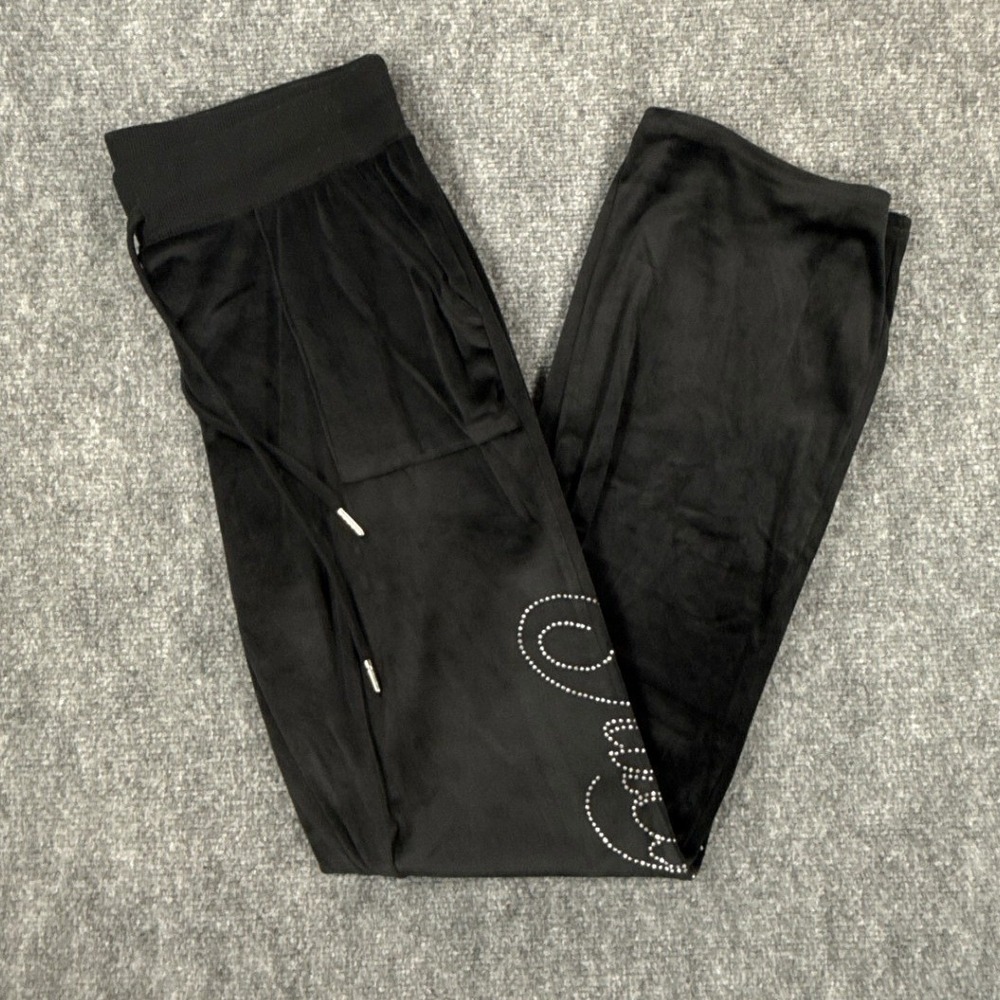 Juicy Couture Pajama Pants Womens Large Black Rhinestone Logo Velour Y2K Lounge
